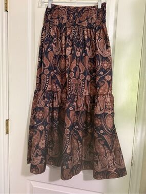 Smocked Waist Brown Paisley Tiered Maxi Skirt